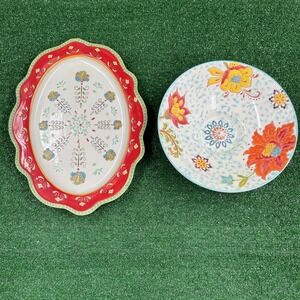 Dutch Wax Ceramic Hand Painted Serving Bowl & Plater Floral Design Multicolored